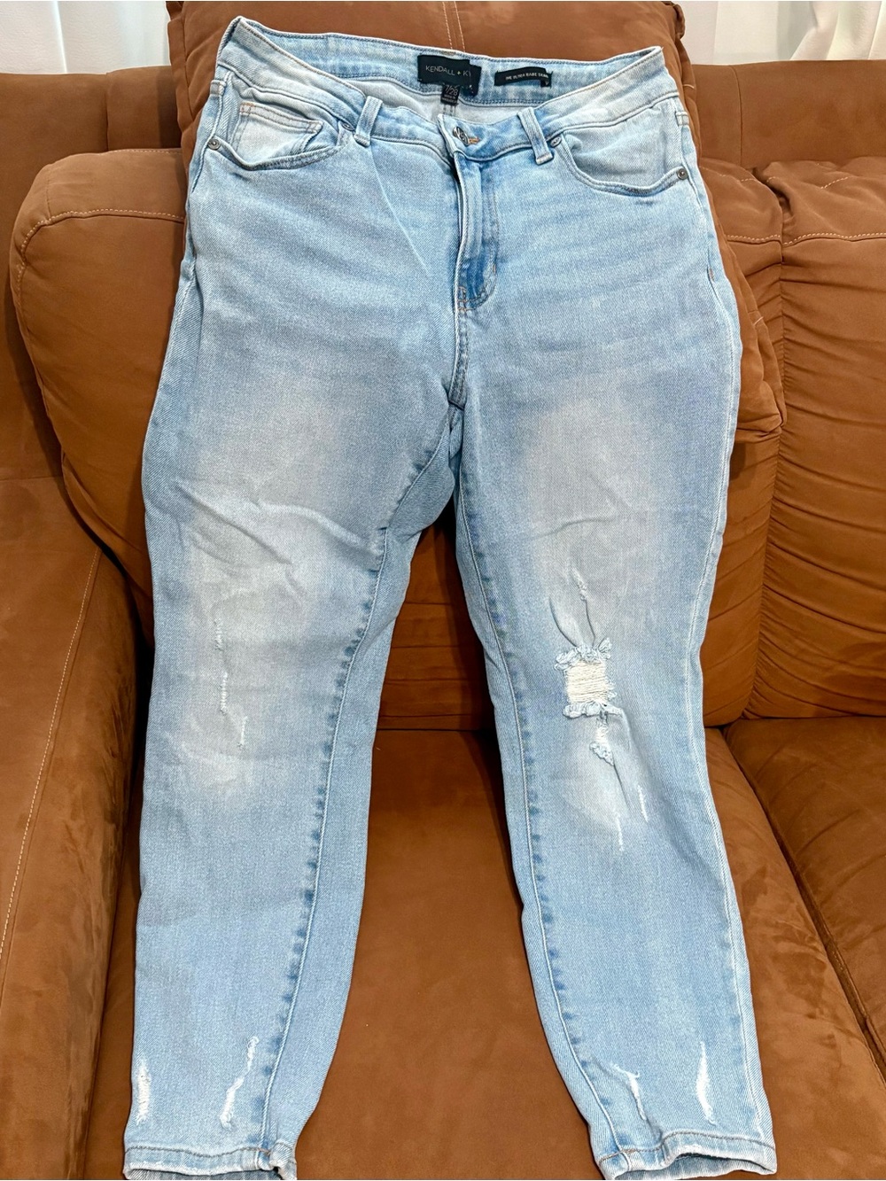 Kendall & Kylie Faded Light Blue Distressed Boyfriend Jeans